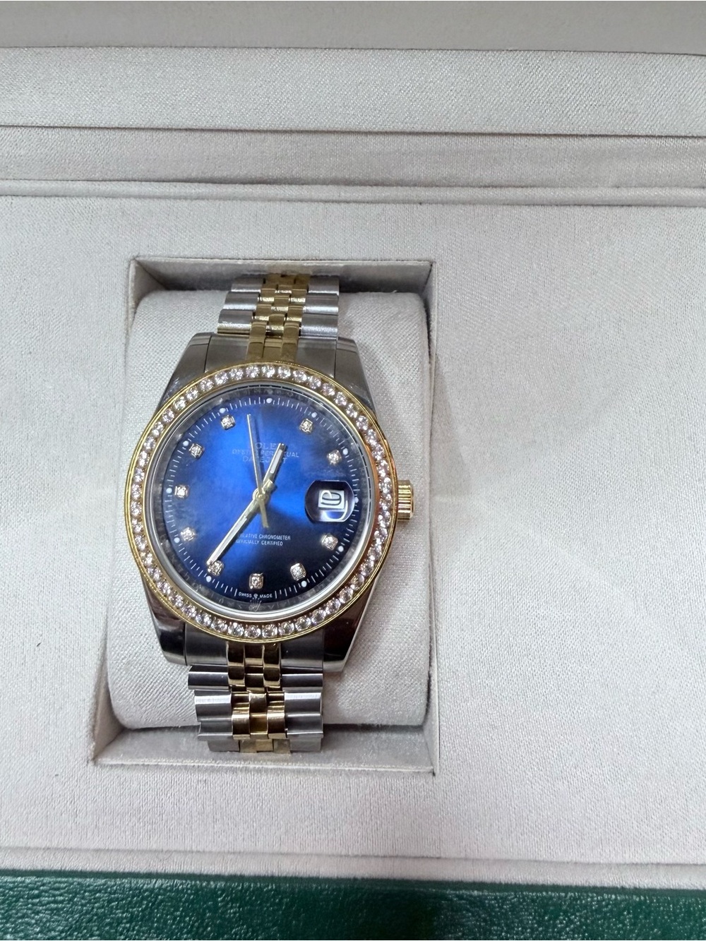 Men's Two-Tone Blue Dial Watch with Crystal Bezel